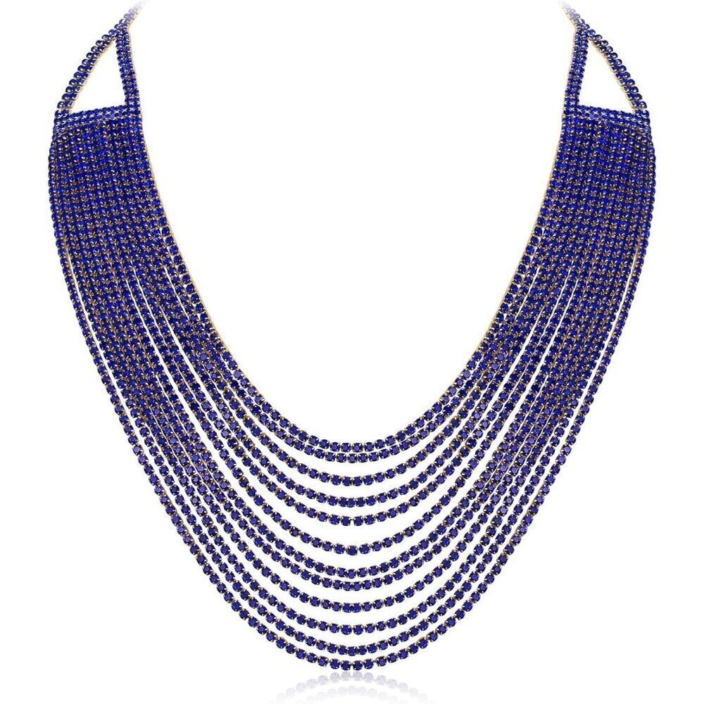 🆕 Women Blue Multi Layered Chunky Collar Necklace Glitter Rhinestone Jewelry